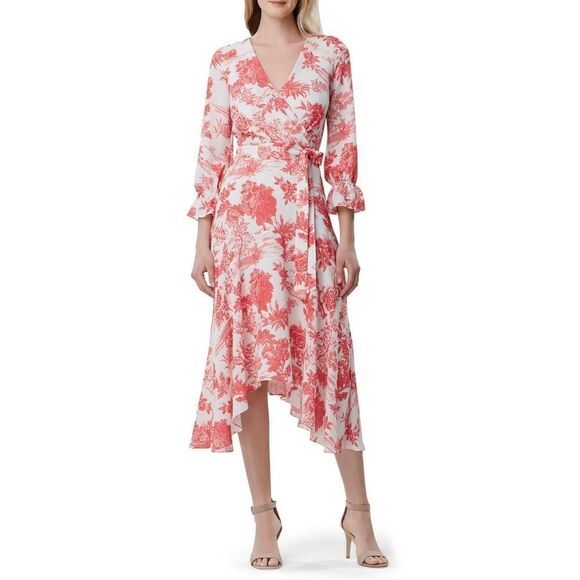 New! TAHARI Women's Floral Print Belted Crepe Faux Wrap Dress 3/4 Sleeve Size 8 - Picture 1 of 4